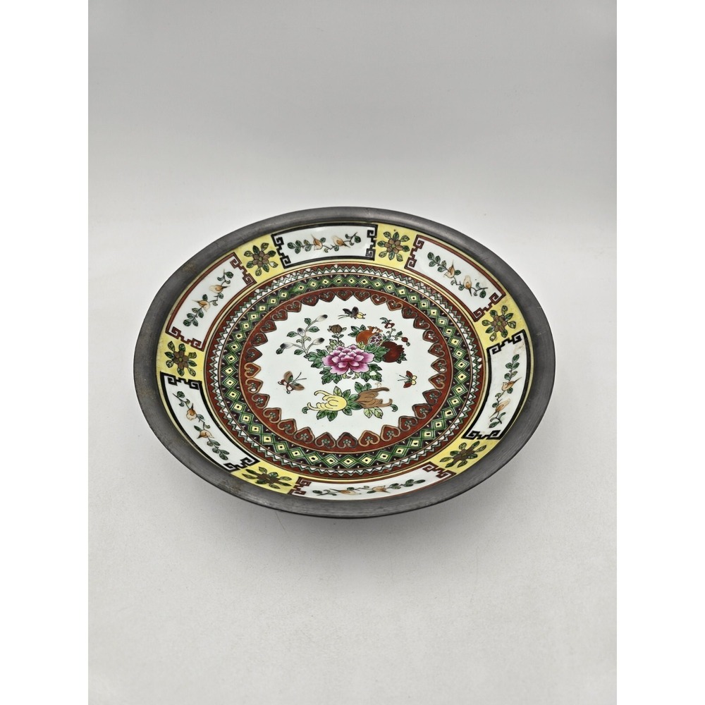 China Porcelain Hand Painted Floral Decorative Bowl Encased‎ in Pewter 9" Vtg